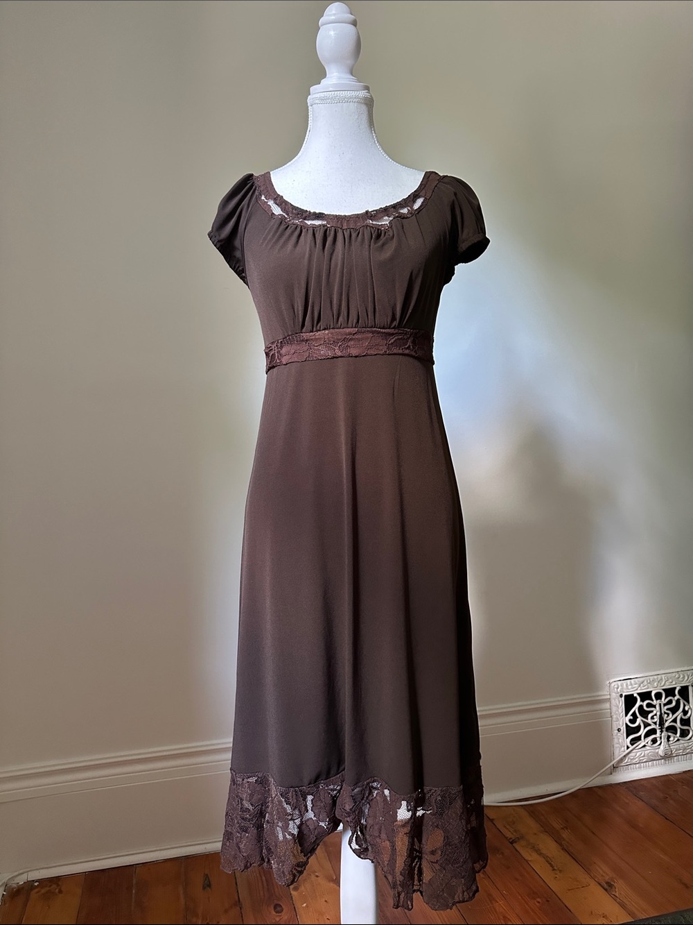 BELIEVE Vintage Brown Babydoll Lace Trim‎ Cottagecore Cap Sleeve Midi Dress Sz 6